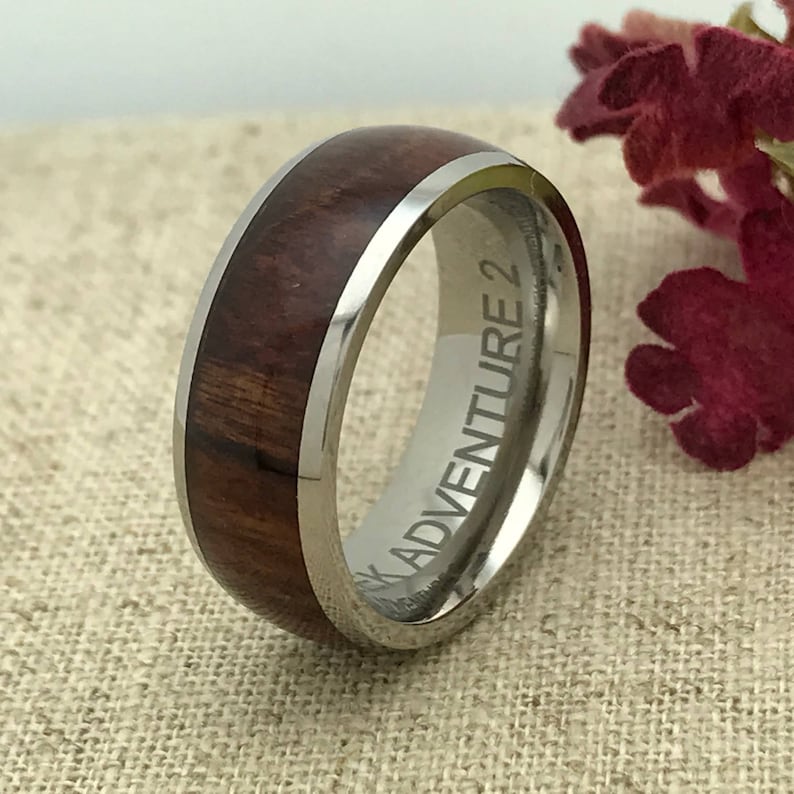 Titanium Wedding Ring,Father/'s Day Gift 8mm Wood Ring Personalized Engraved Titanium Ring with Santos Rosewood Inlay Ring