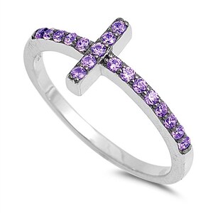 Cross Ring, 925 Sterling Silver Cross Rings,Religious Jewelry, Amethyst Cubic Zirconia Ring,Dainty & Minimalist Cubic Zirconia Cross Ring