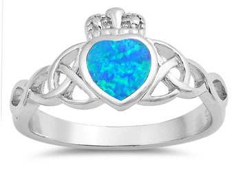 Opal Claddagh Ring Celtic Irish Claddagh Promise Ring Sterling Silver Blue Lab Opal Claddagh Engagement Ring, Friendship Ring