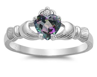 Irish Claddagh Promise Ring Sterling Silver Simulated Rainbow Topaz Heart AND Round Simulated Diamond Accent Claddagh Engagement Ring