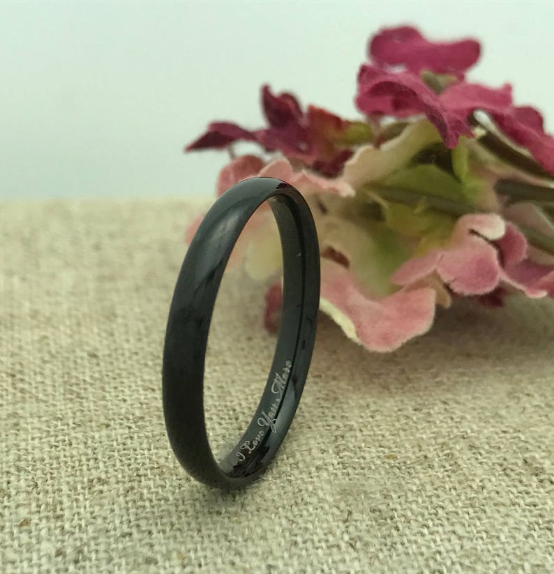 3mm Tungsten Wedding Ring Unisex Ring Promise Ring Personalized Custom Engraved BLACK IP Plated Tungsten Ring