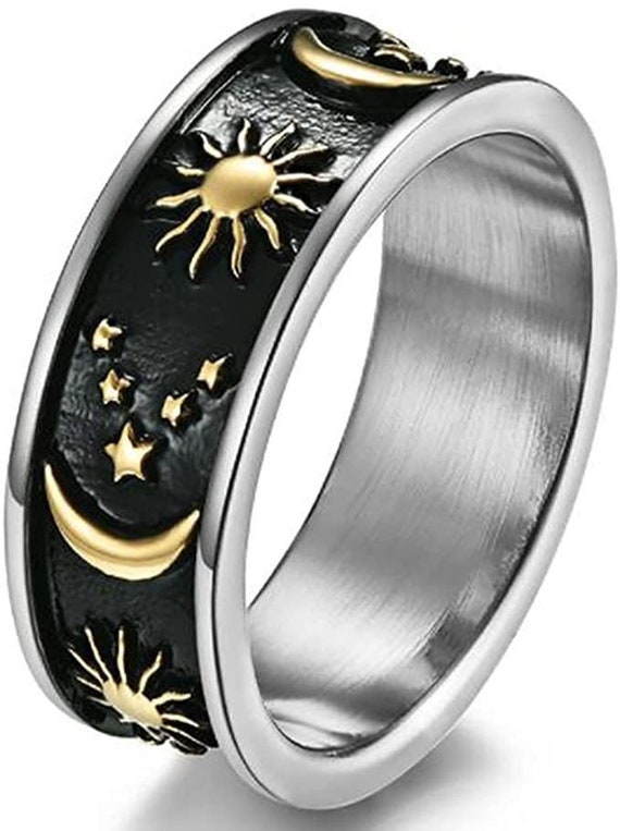 8mm Moon Star Sun Statement Ring Two Tone Stainless Steel Boho