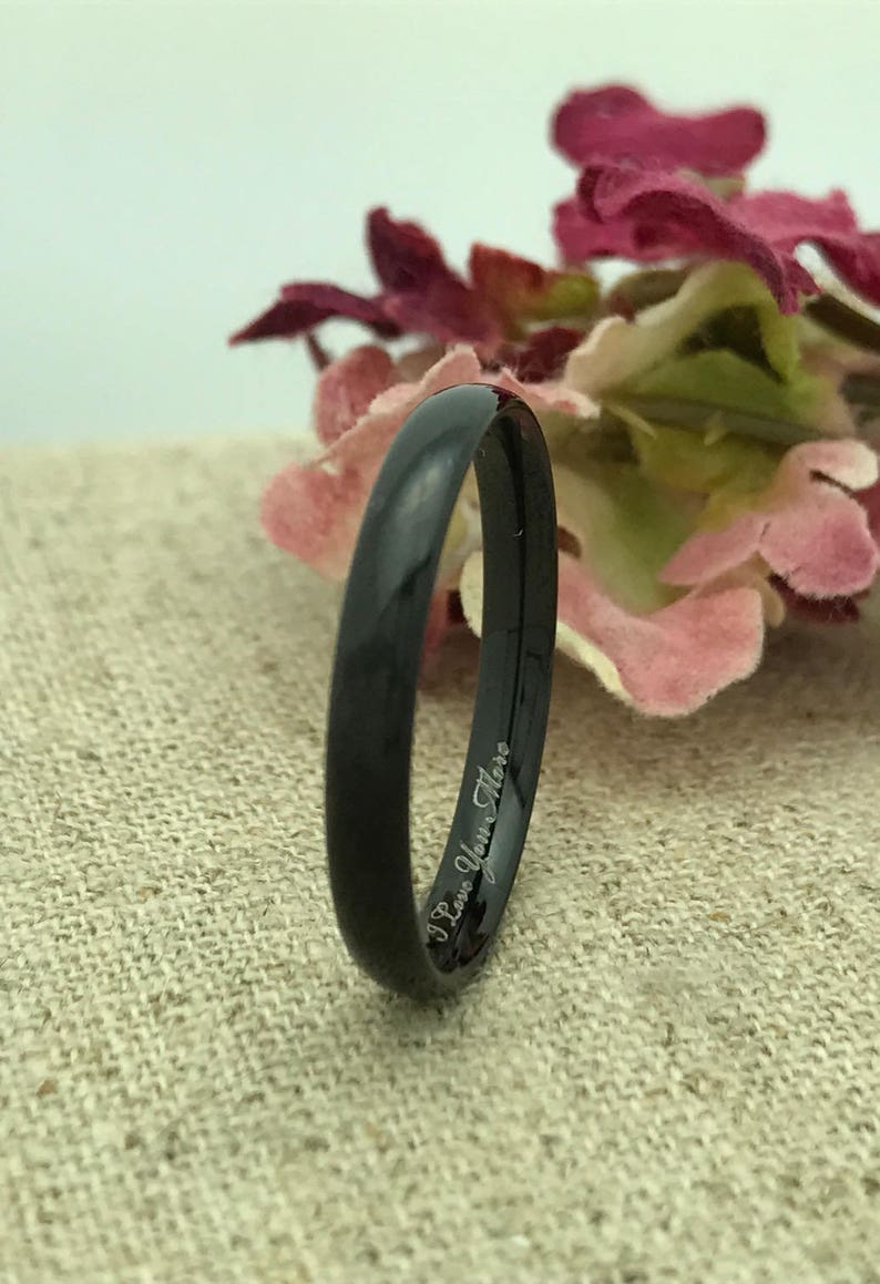 3mm Tungsten Wedding Ring Unisex Ring Promise Ring Personalized Custom Engraved BLACK IP Plated Tungsten Ring