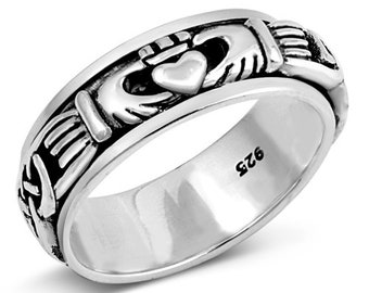 Claddagh Ring.Personalized Engrave Sterling Silver Spinner Claddagh Ring. Irish Claddagh Wedding Ring, Celtic Claddagh Ring