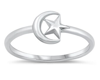 Moon and Star Ring , Sterling Silver Moon Ring, 925 Silver Moon and Star Ring,Promise Ring, Moon AND Star Ring Band