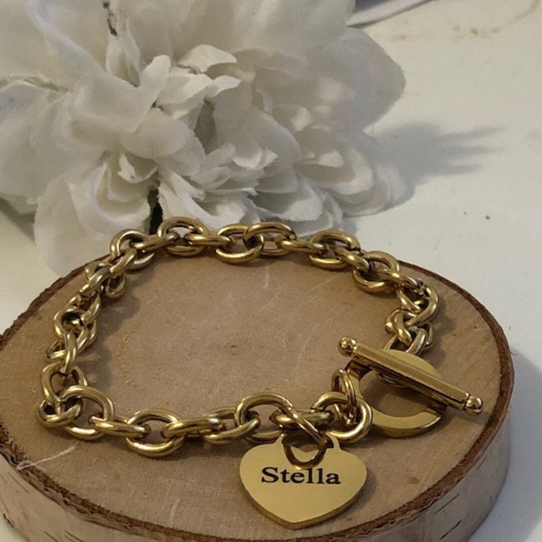 Gold Heart Bracelet, Stainless Steel Gold Plated Heart Toggle Bracelet Personalized Engrave ID ...
