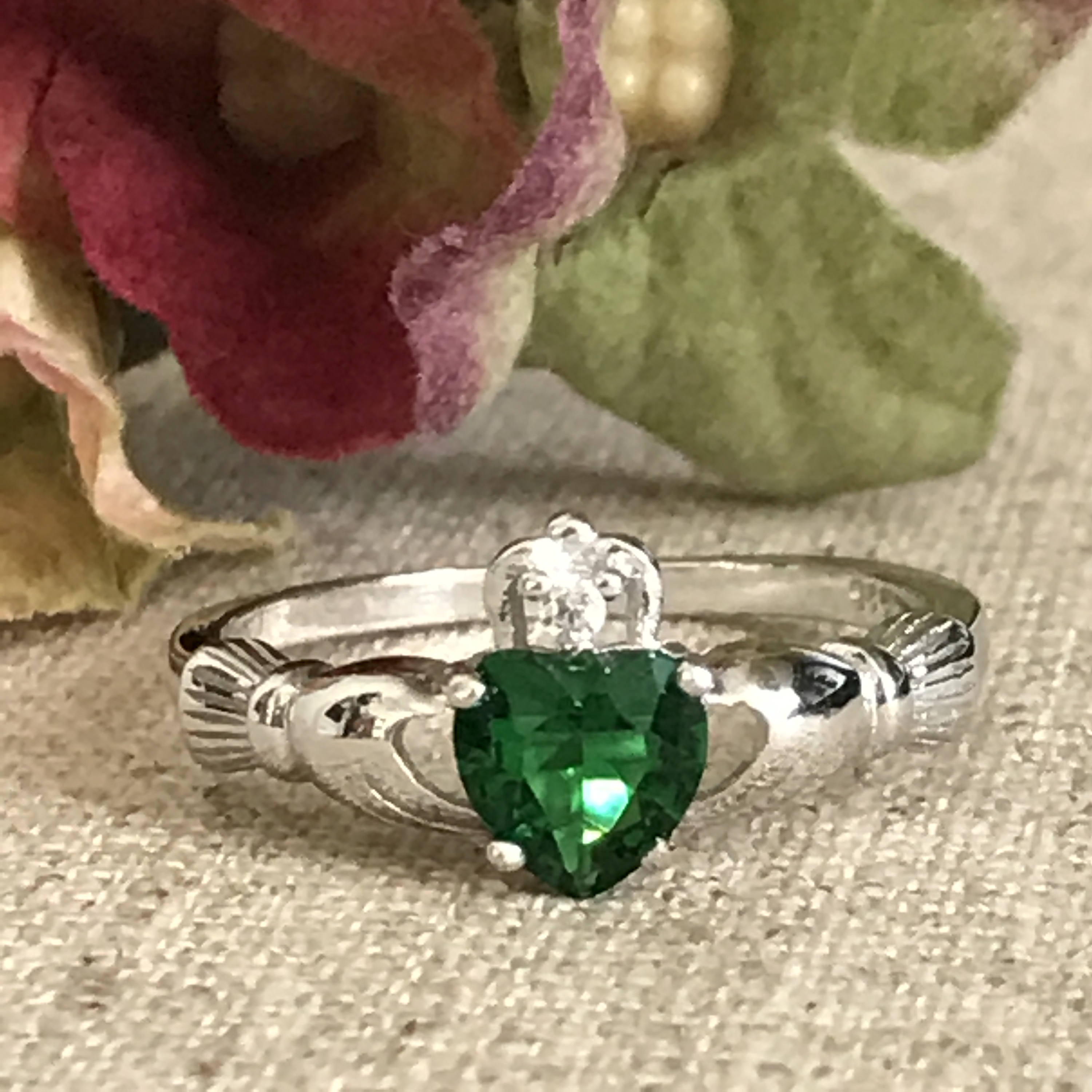 Claddagh Ring With Large Emerald And Cz Stones
