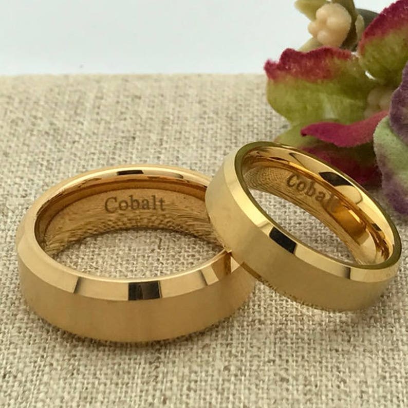 His and Hers Wedding Ring Set Personalized Custom Engraved Gold Plated Cobalt Ring Promise Ring Wedding Rings Couples Ring