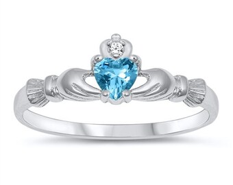 Irish Claddagh Promise Ring Sterling Silver Simulated Blue Topaz Cz Round Simulated Diamond Accent Claddagh Engagement Ring ,Petite Ring