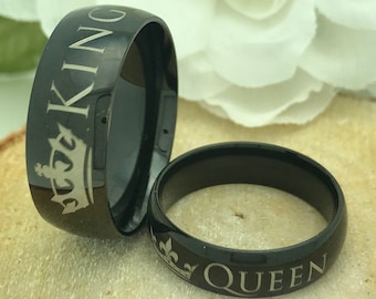 King and Queen Ring, His and Hers Wedding Rings, Personalized Custom Engraved Titanium Rings,Black Tungsten Wedding Rings, Couples Ring Set
