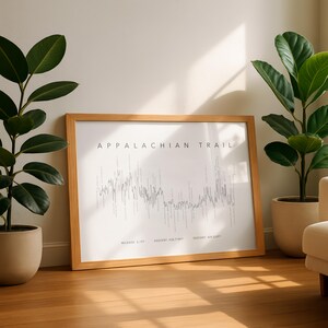 May include: A framed print with the text "APPALACHIAN TRAIL" in a minimalist style. The print features a gray line graph representing the trail's elevation changes. The frame is made of light-colored wood, and the print is displayed on a wooden floor.