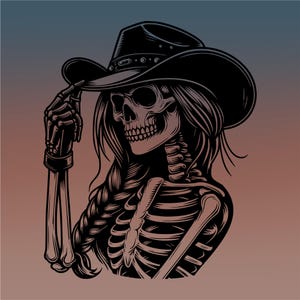 May include: A black and white graphic illustration of a skeleton wearing a wide-brimmed cowboy hat. The skeleton has long hair styled in a braid and is depicted with one skeletal hand raised to the brim of the hat in a tipping gesture.