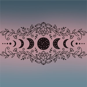 May include: A black line art illustration featuring a central full moon filled with small stars, flanked by moon phases and symmetrical floral vines with lotus-like blossoms, all set against a soft gradient background of blue and pink.
