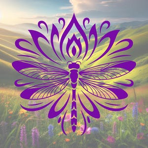 May include: A vibrant purple dragonfly illustration with detailed wings, set against a backdrop of rolling green hills and a meadow of wildflowers. The dragonfly is a symmetrical design.