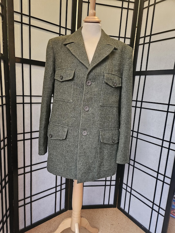 Marks & Spencer, Vintage St Michael Wool Safari Jacket, Olive Green Tweed Field Coat (UK 41-42)