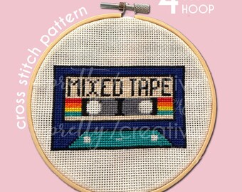 Mixed Tape Vintage Cassette Tape Cross Stitch Pattern - Fits a 4 inch hoop