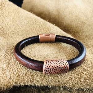 Distressed Brown Leather Bracelet with Hammered Dots in Copper Slider