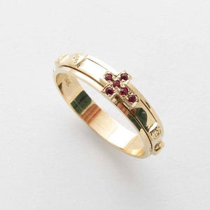 R52980 14K 18K Solid Gold Rosary Ring Spinning Cross