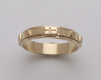 RG75  Rosary Ring  K14 K18 Solid Yellow Gold Rose Cross Spinning