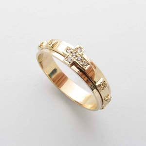 R52978 14K 18K Solid Gold Cubic Rosary Ring Spinning Cross