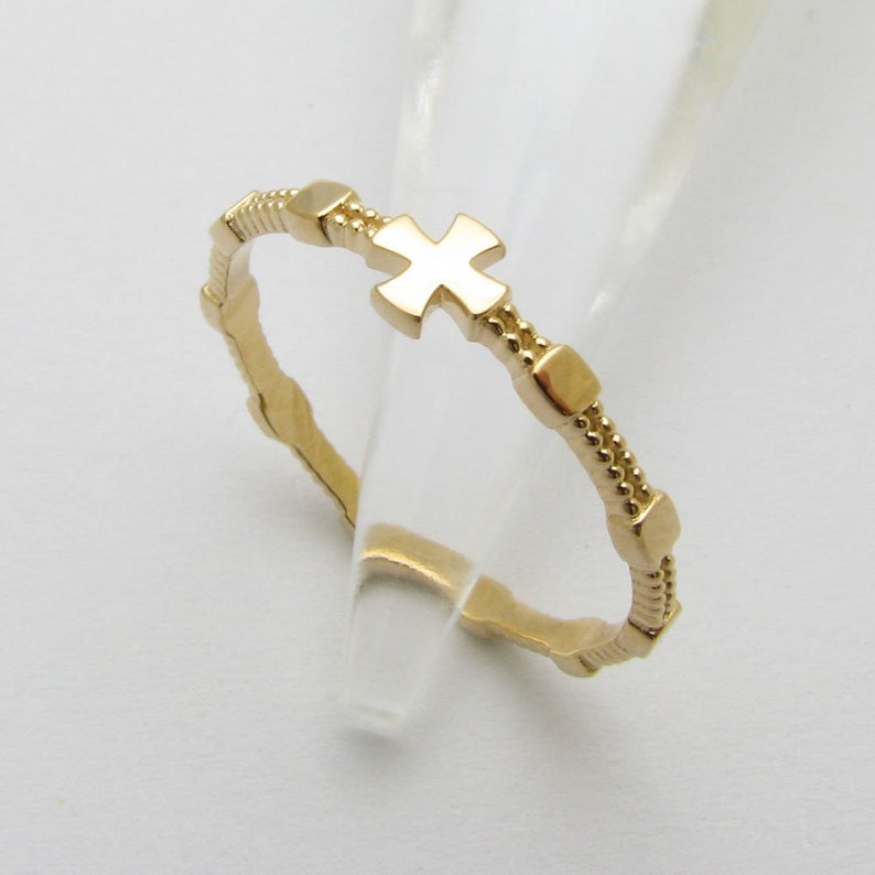 RR2071 Rose Rosary Ring 14K 18K Solid Gold Cross image 1