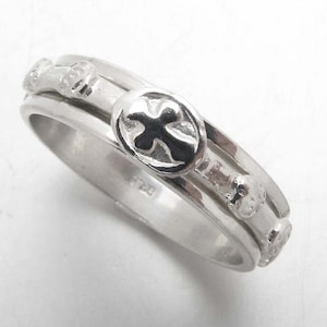 DRR101_1 Cross Rose Rolling Sterling Silver 925 Solid Rosary Ring