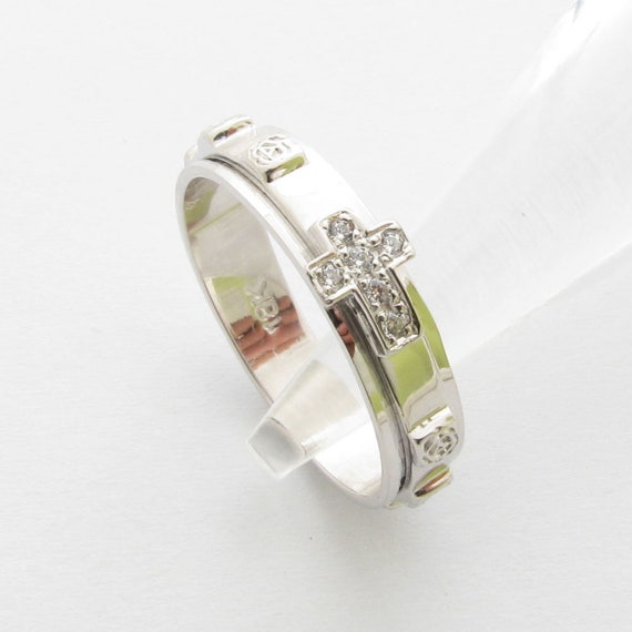 R52978 14K 18K Solid Gold Diamond Rosary Ring Rolling Cross Etsy