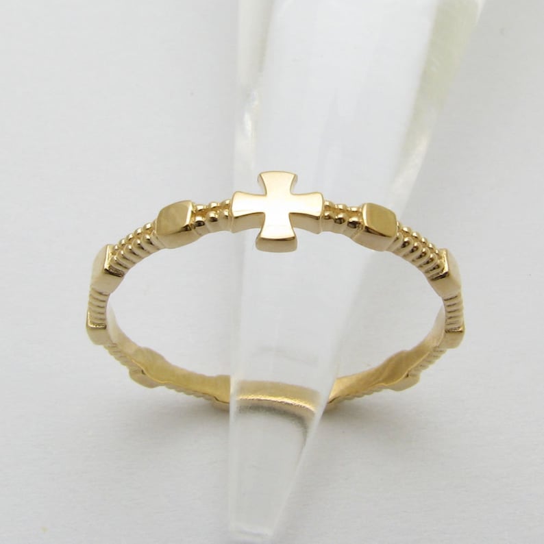 RR2071 Rose Rosary Ring 14K 18K Solid Gold Cross image 2