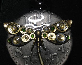 Moon Glory Gears Mechanical Pocket Watch, Dragonfly, Black with Blue interior