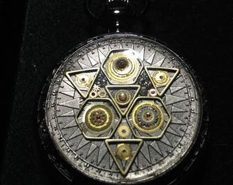 Moon Glory Gears Mechanical Pocket Watch Sacred "G" in Black with Blue interior