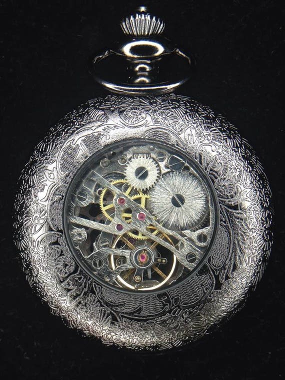 Moon Glory Gears Mechanical Pocket Watch, Dragon, Black with Blue interior
