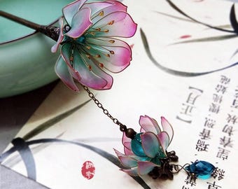 Lirio de agua oriental púrpura, horquilla con colgante de lámpara de loto, horquilla Hanfu, horquilla de flor, horquilla Hanfu retro, accesorios con colgante de loto