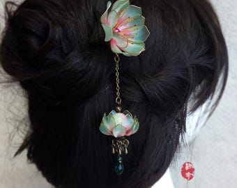 Colgante de lámpara de nenúfar azul oriental/loto, horquilla Hanfu, pinzas para el cabello retro, horquilla de flor esmaltada, accesorios para el cabello orientales
