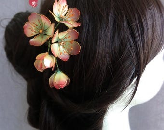 Horquilla para el cabello con forma de flor de begonia hecha a mano, horquilla retro estilo Hanfu, accesorio floral para el cabello esmaltado.