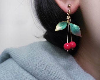 Pendientes de cereza roja, joyería kitsch de frutas, pendientes de hojas con purpurina