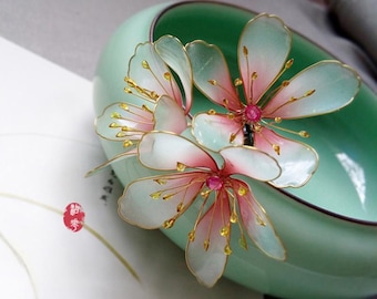 Horquilla con flores de durazno en primavera, horquilla elegante, pinzas para el cabello retro, horquilla con flor esmaltada, horquilla china, accesorios para el cabello Hanfu, regalos