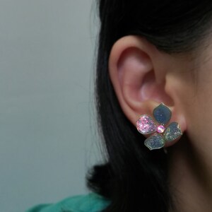 Blue Hydrangea Stud Earrings, Glitter Resin Flower, Opal Effect
