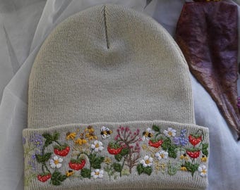 Hand embroidered/ Strawberry field beanies