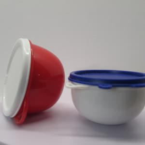 May include: Two plastic bowls with lids. One bowl is red with a white lid, and the other bowl is white with a blue lid.