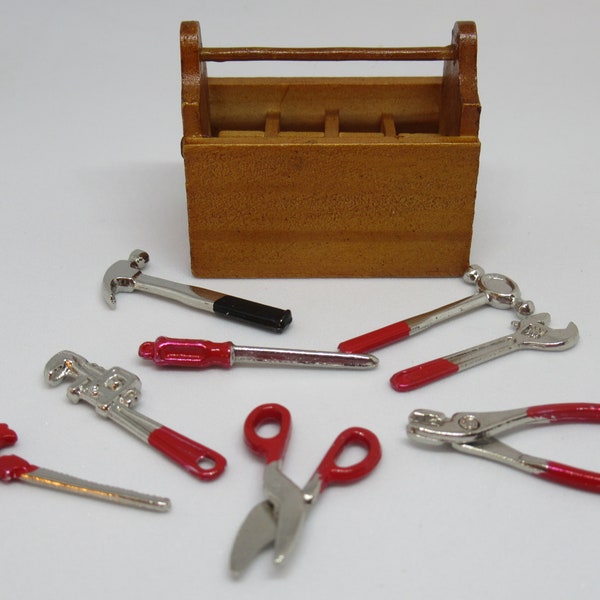 Mini Tool Box & 8 Metal Tools Wood for Workshop Play Scale 1:6 Scale Action Figures Diorama Supplies