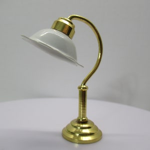 Miniature 2&quot; Tall Brass Gooseneck Lamp with White Shade (ALL MET AL) Vintage Home Decor for 11.5&quot; Fashion Play Scale 1:6 Diorama
