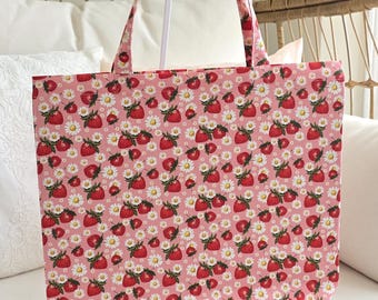 Bolso de lona reutilizable con estampado de margaritas y fresas
