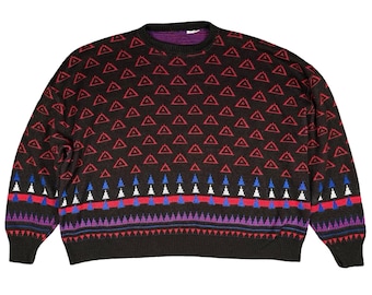 Vintage 90s USA Knit Sweater Geometric Pattern Black Red Blue Mens 1X