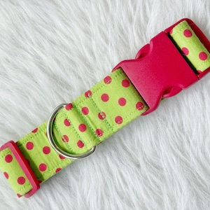 May include: A lime green fabric collar featuring a repeating pattern of small hot pink polka dots. The collar includes a bright hot pink plastic side-release buckle and a silver-toned metal D-ring for attaching a leash or identification tags.