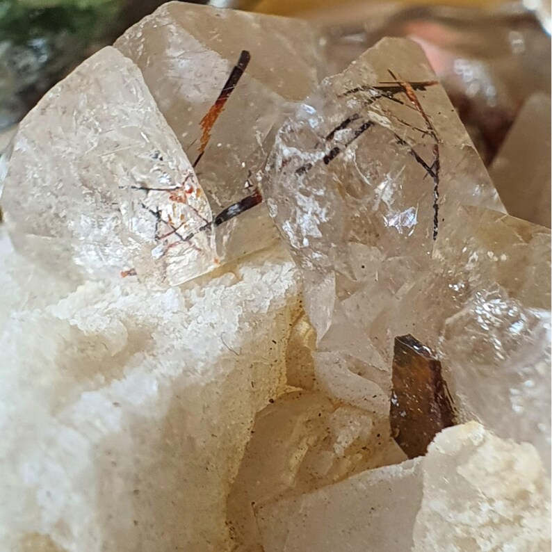 Puede incluir: Primer plano de un grupo de cristales de cuarzo con cristales claros y transl&uacute;cidos. Los cristales tienen inclusiones de estructuras en forma de aguja negras y rojizas. La base es un material rugoso, blanco y opaco.