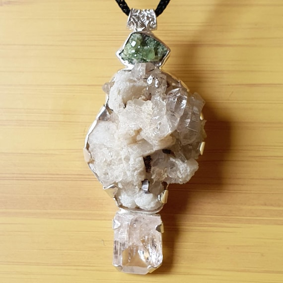 Brookite in Quartz with Green Herderite and Raw Danburite Sterling Silver Big Pendant
