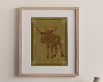 Forest Moose Mushroom Antlers Animal Nature Art Painting