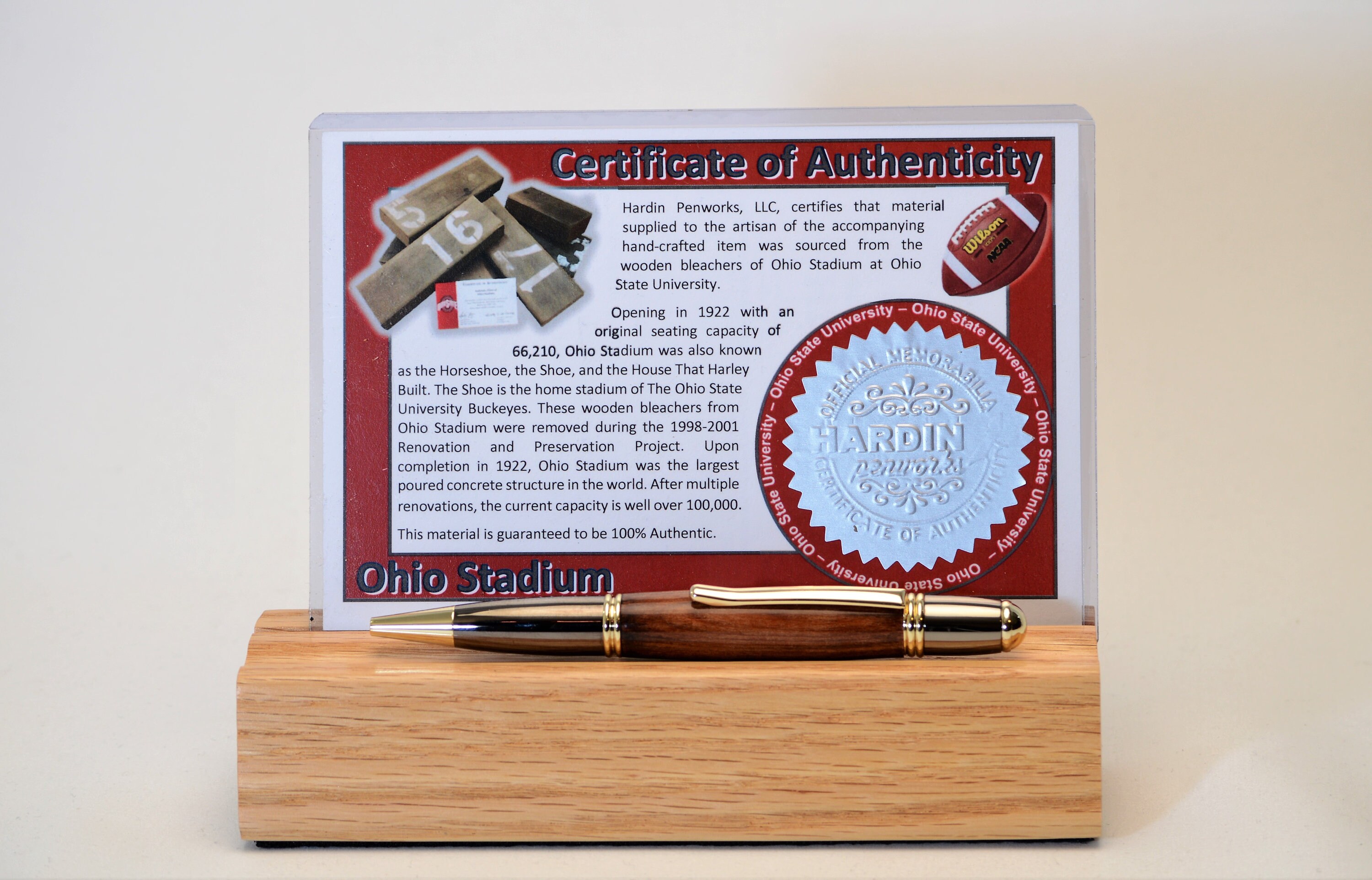Comes with Certificate of Authenticity. Wood for this beautiful handcrafted pen was salvaged from Wooden Seat Bleachers at THE OHIO STATE University Ohio State University Wooden Bleachers 1285 