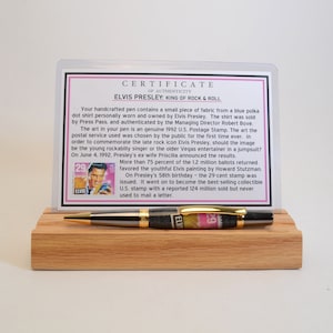 Handcrafted Pen Featuring a 1992 Elvis Stamp and a Small Swatch From an Elvis Worn Shirt Embedded in Acrylic