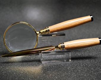 Whiskey Barrel Magnifying Glass and/or Letter Opener with Gold Finish and Black Trim